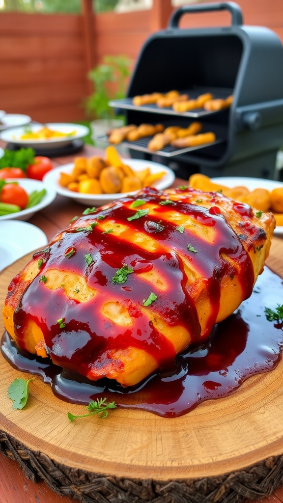 Grilled barbecue chicken on a wooden platter, garnished with herbs and surrounded by an outdoor barbecue setting.
